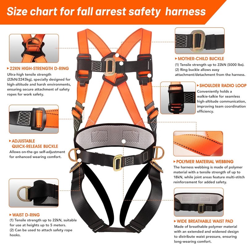 QFU Safety harness fall protection kit, equipped with shock-absorbing ropes, full-body safety harness for roof work - Image 3